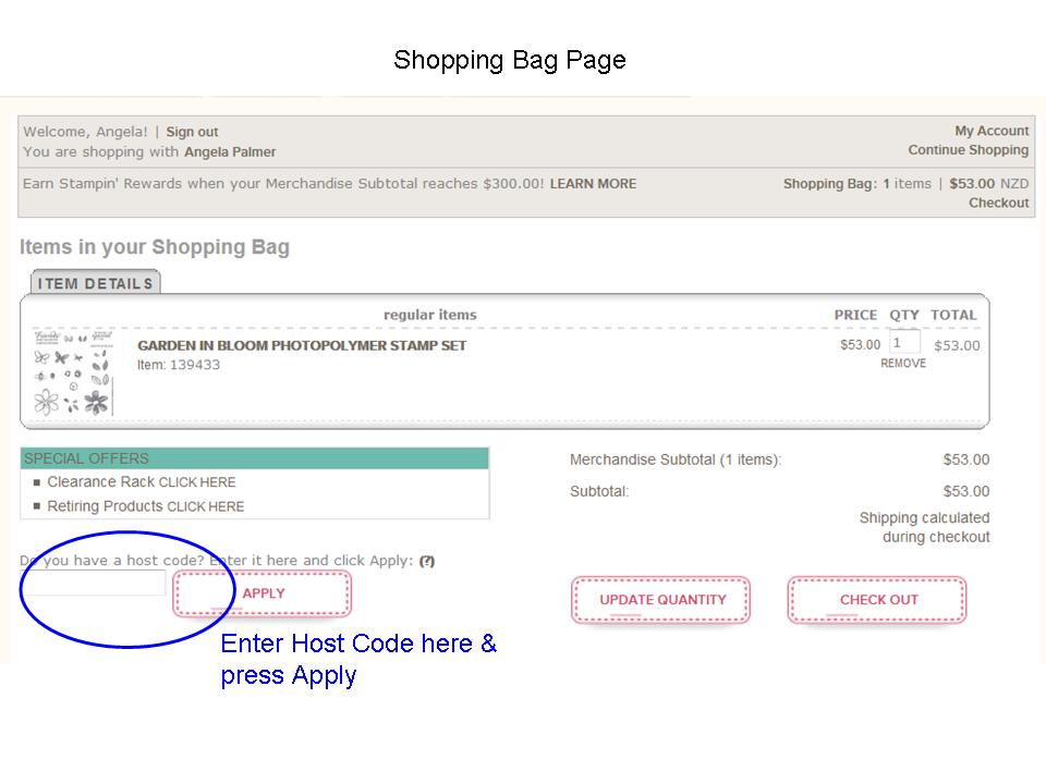 Entering Host Code Shopping Bag Page with press apply