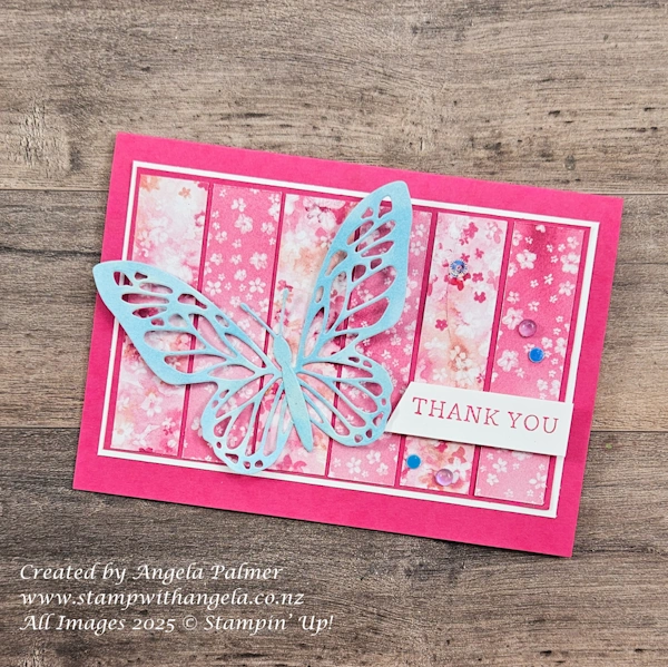 Use patterned paper to create a background, beautiful butterflies dies, melon mambo